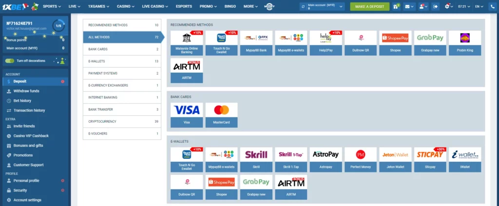 Deposits and withdrawals at 1xBet Malaysia